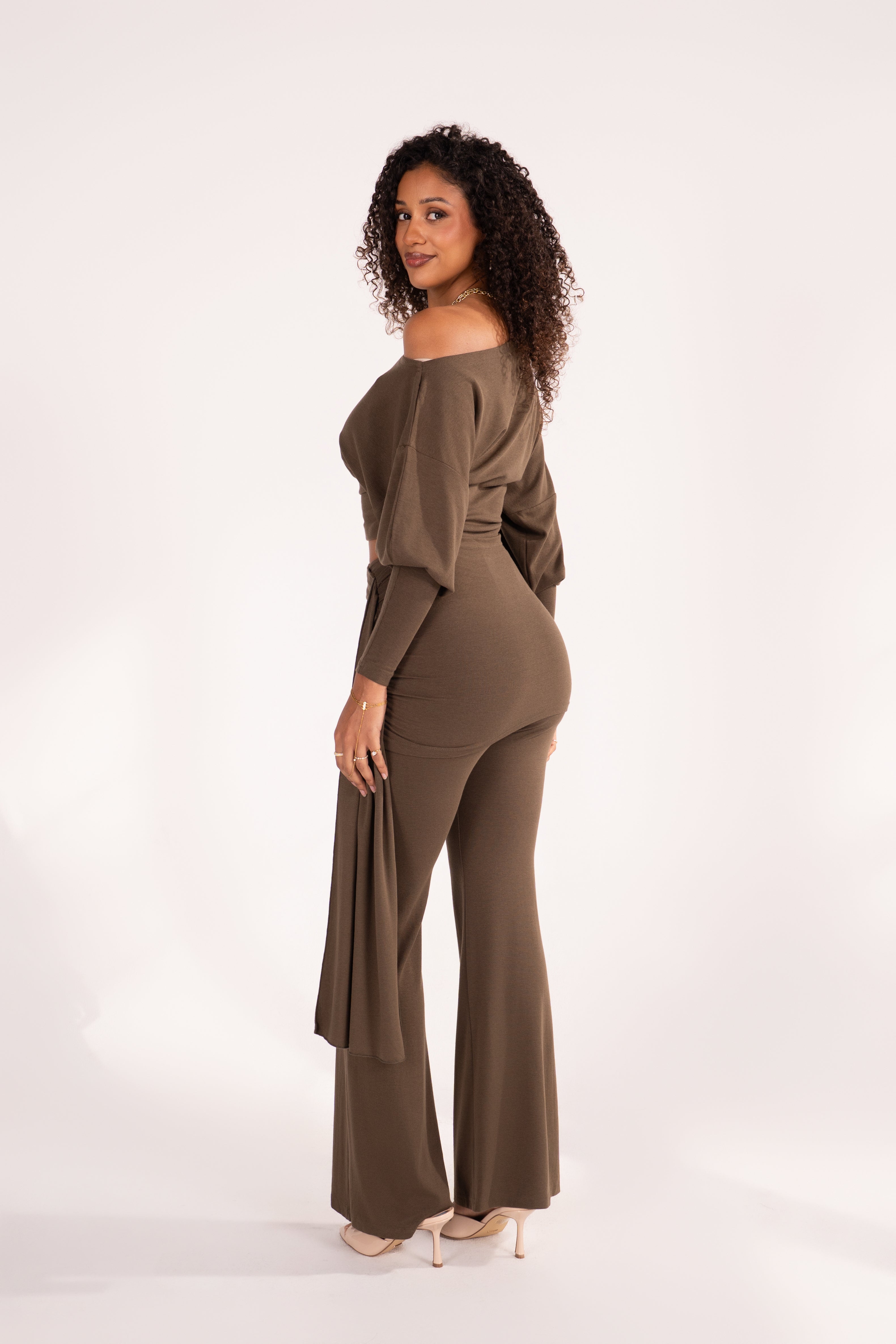 Araminta Olive Drop Shoulder Top & Flared Pant Set with Drape Detail