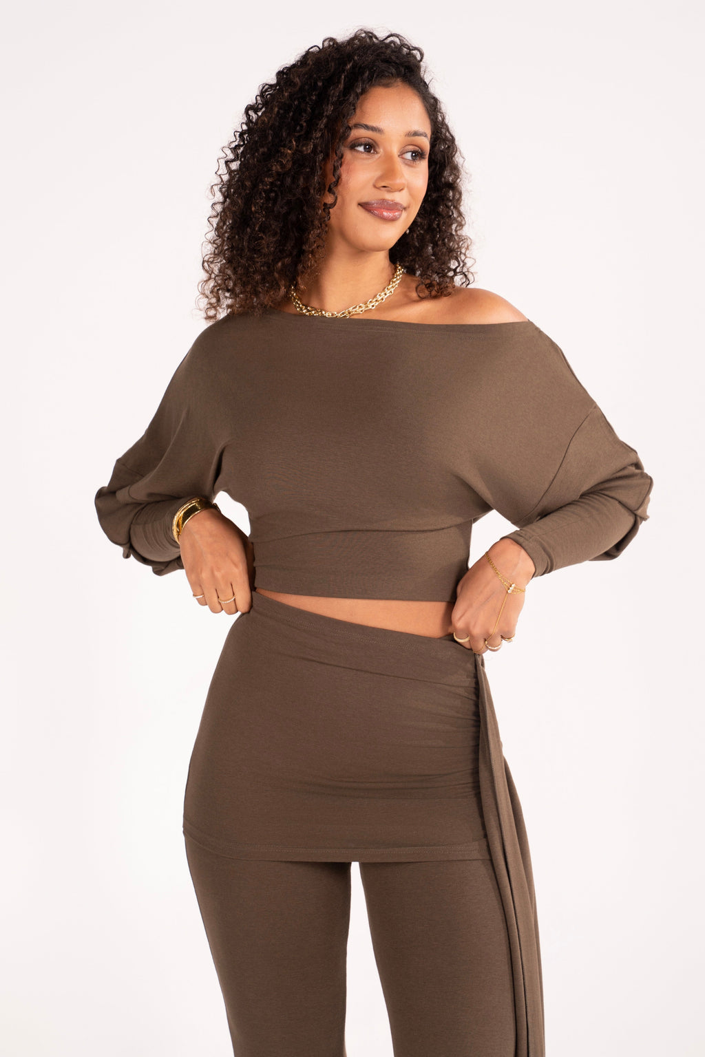Araminta Olive Drop Shoulder Top & Flared Pant Set with Drape Detail