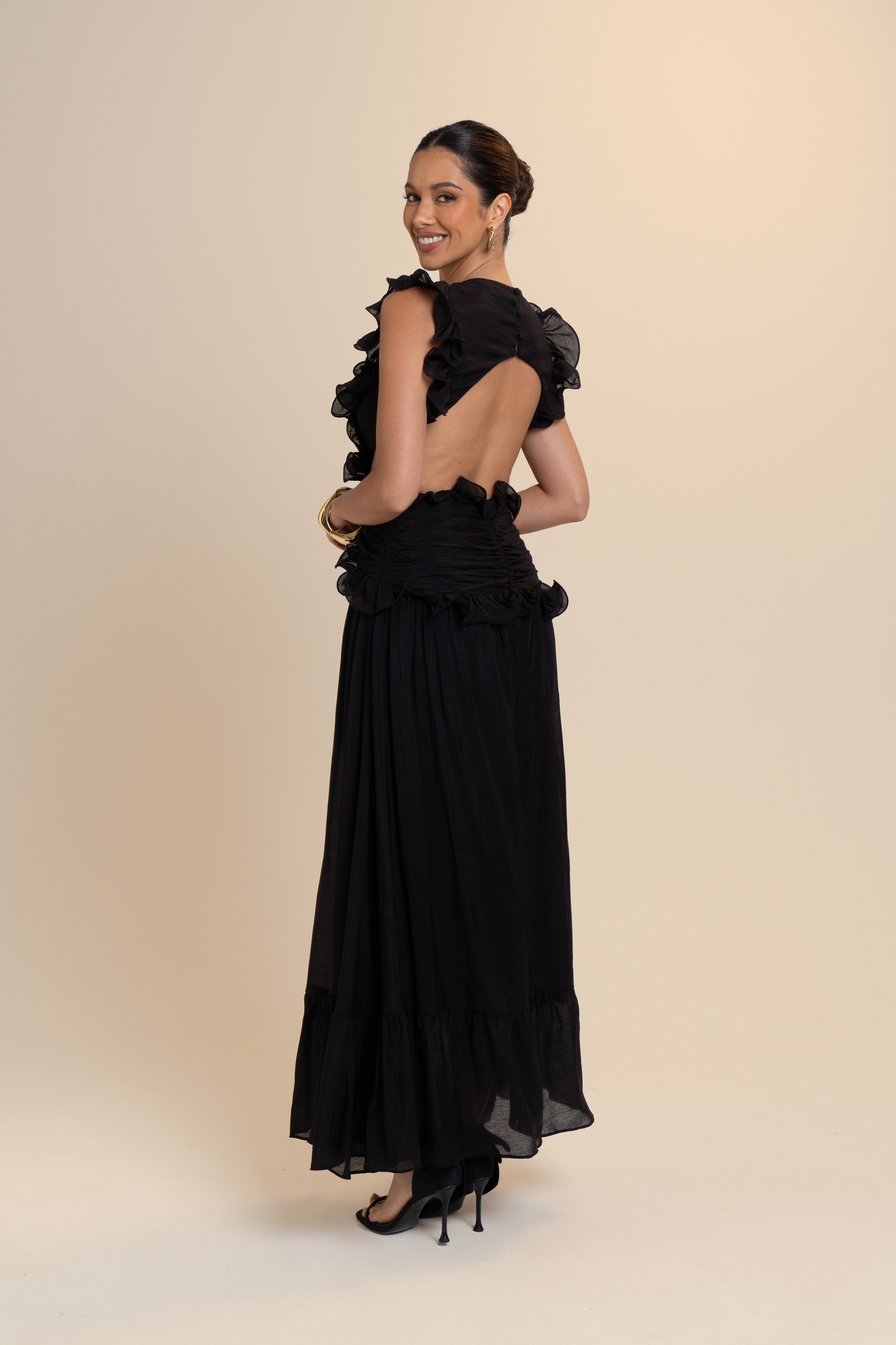Clarisse Ruffle Trim Open Back Maxi Dress