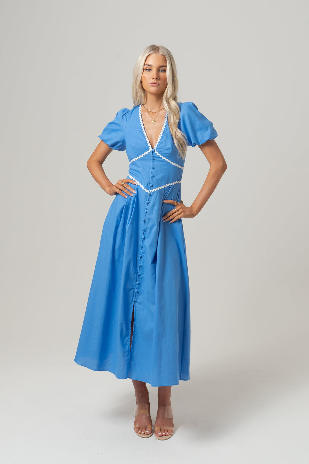 Eden Puff Sleeve Blue Midi Dress with Ric Rac Trims