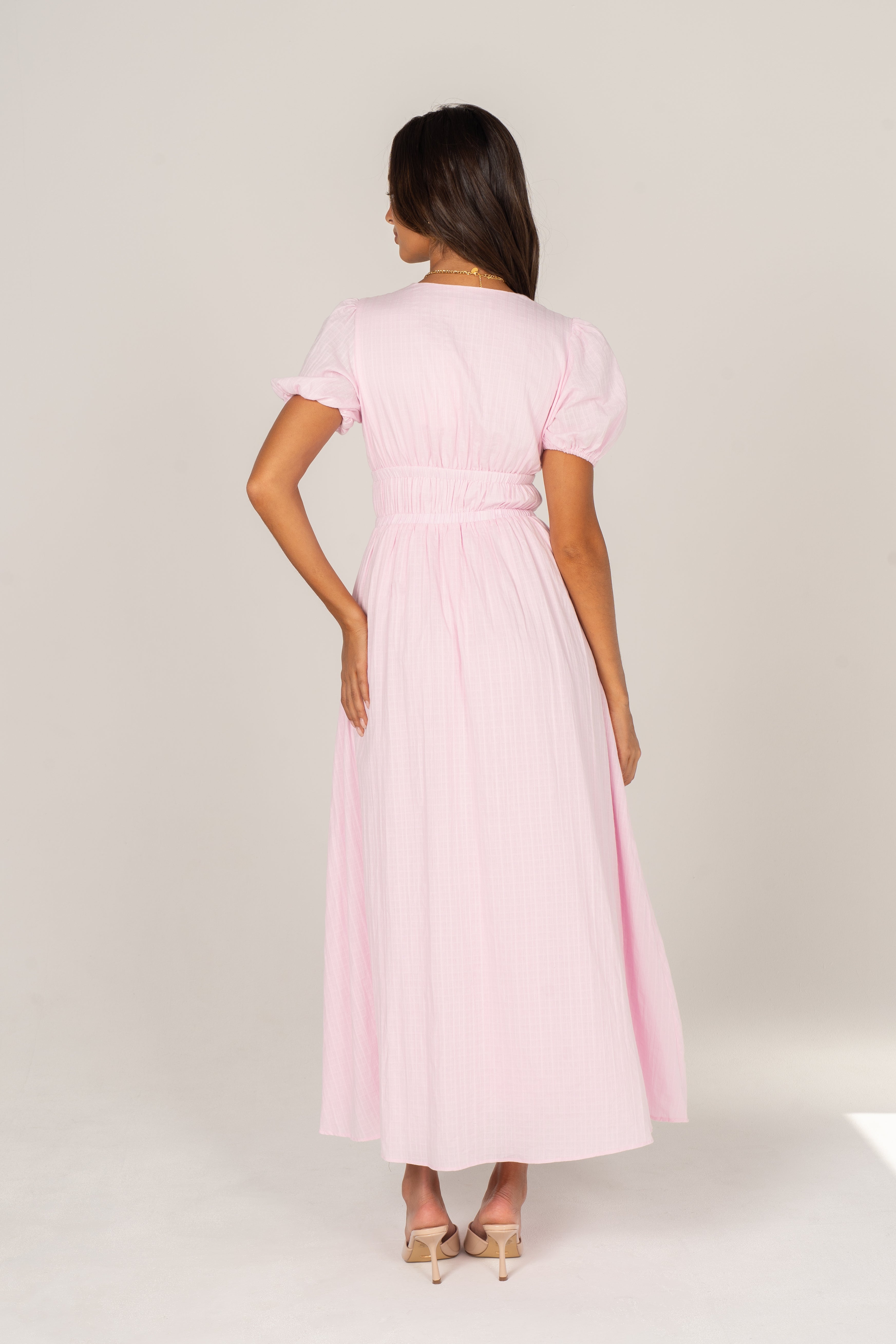 Iliana Pink Puff Sleeve V-Neck Max Dress