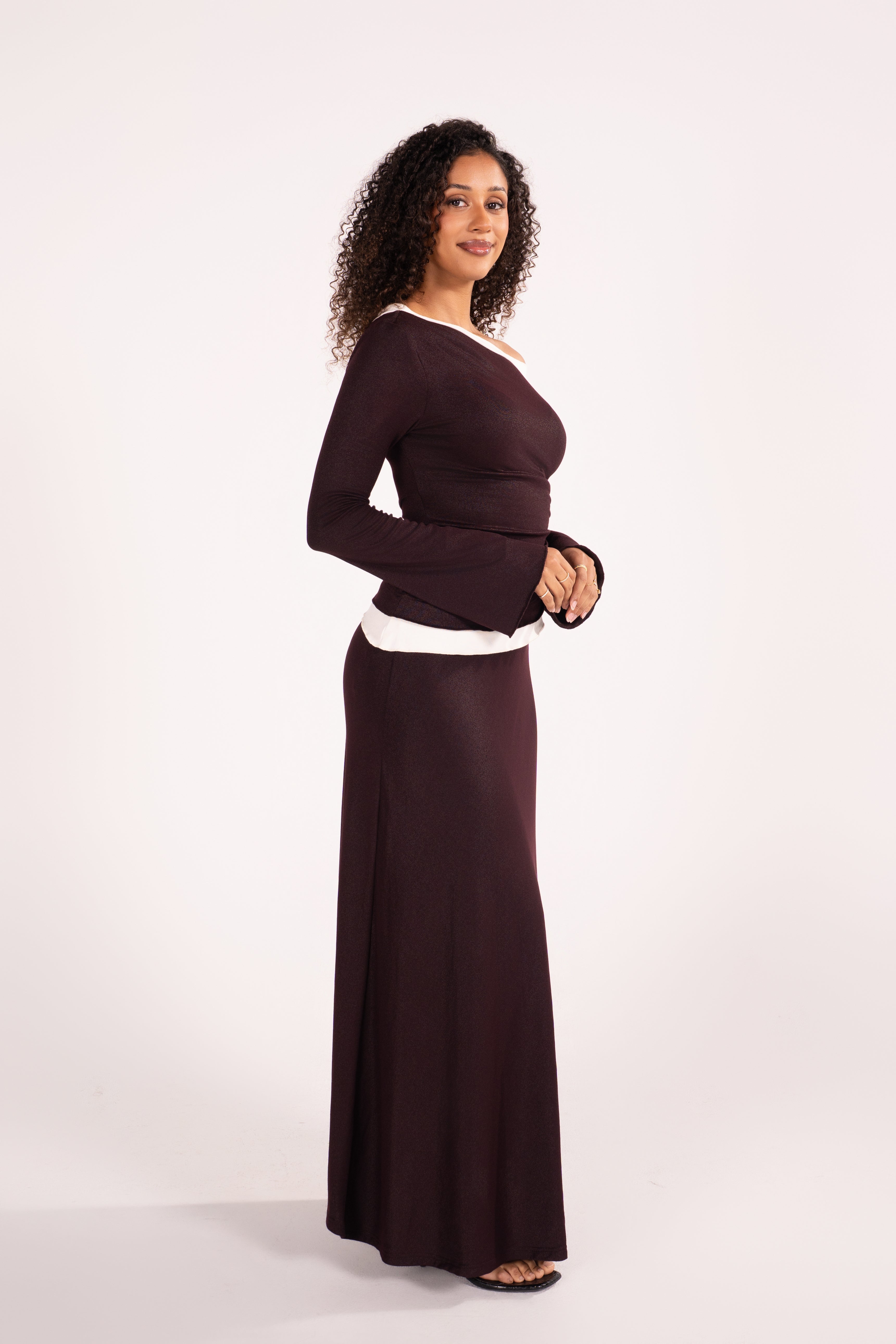 Jacinta Two-Tone Drop Shoulder Long Sleeve Top & Maxi Skirt Set