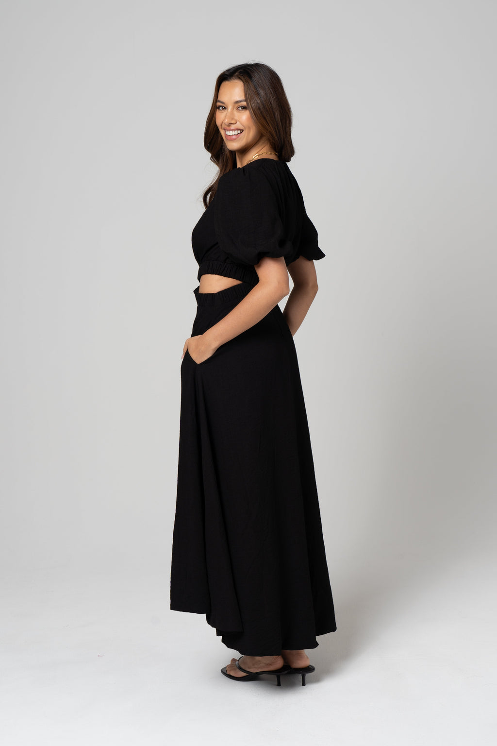 Janice Side Cut-Out Puff Sleeve Maxi Dress