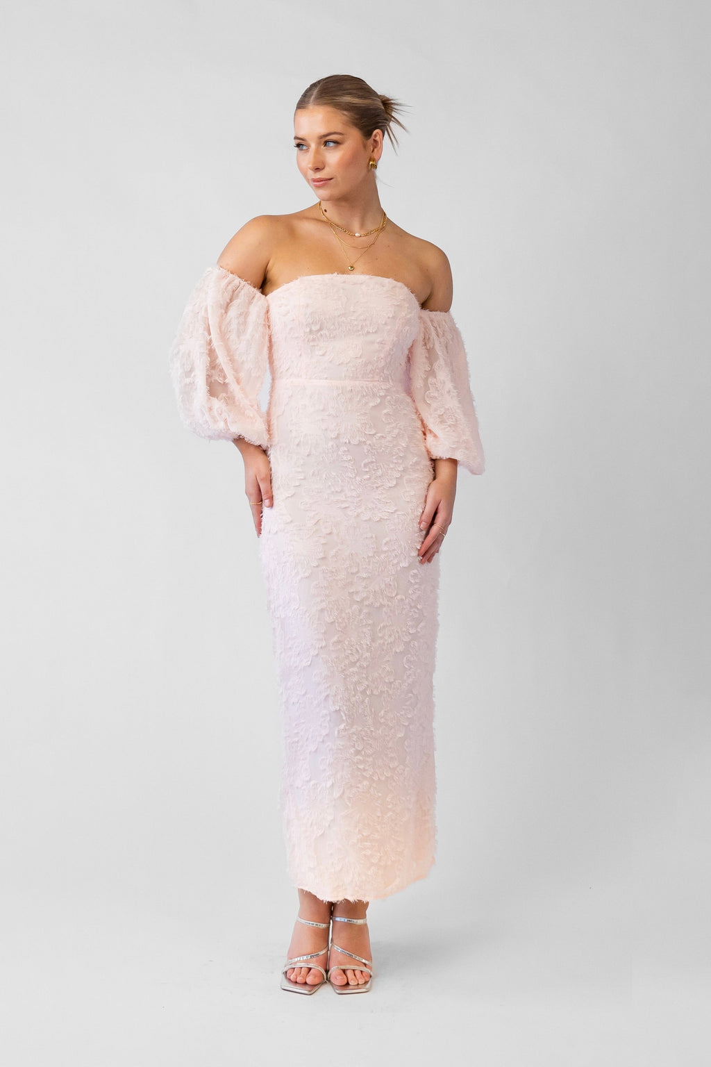 Kylie Off-Shoulder Blush Midi Dress with Puffed Sleeves