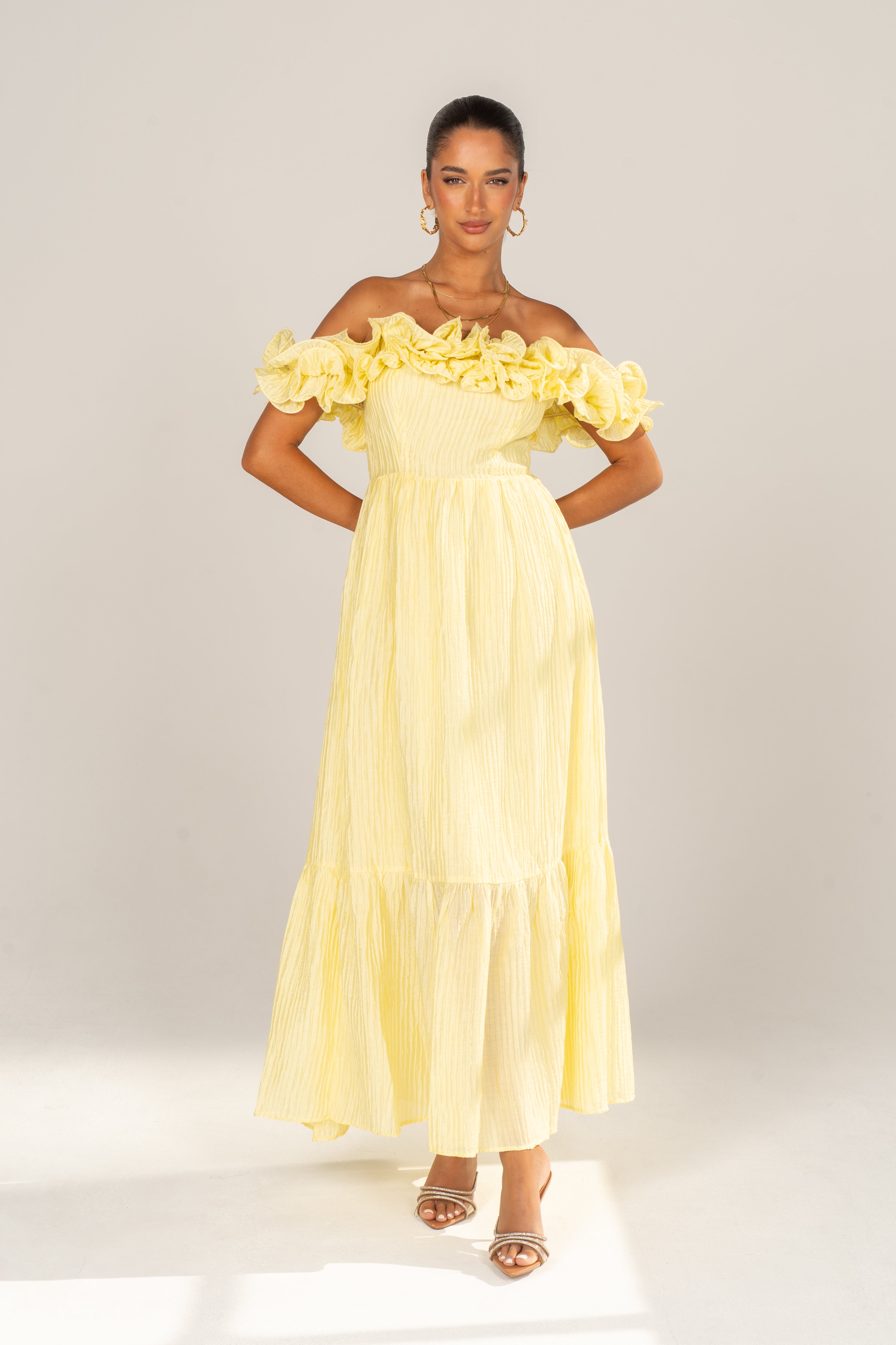 Rhea Off-Shoulder Ruffle Trim Maxi Dress