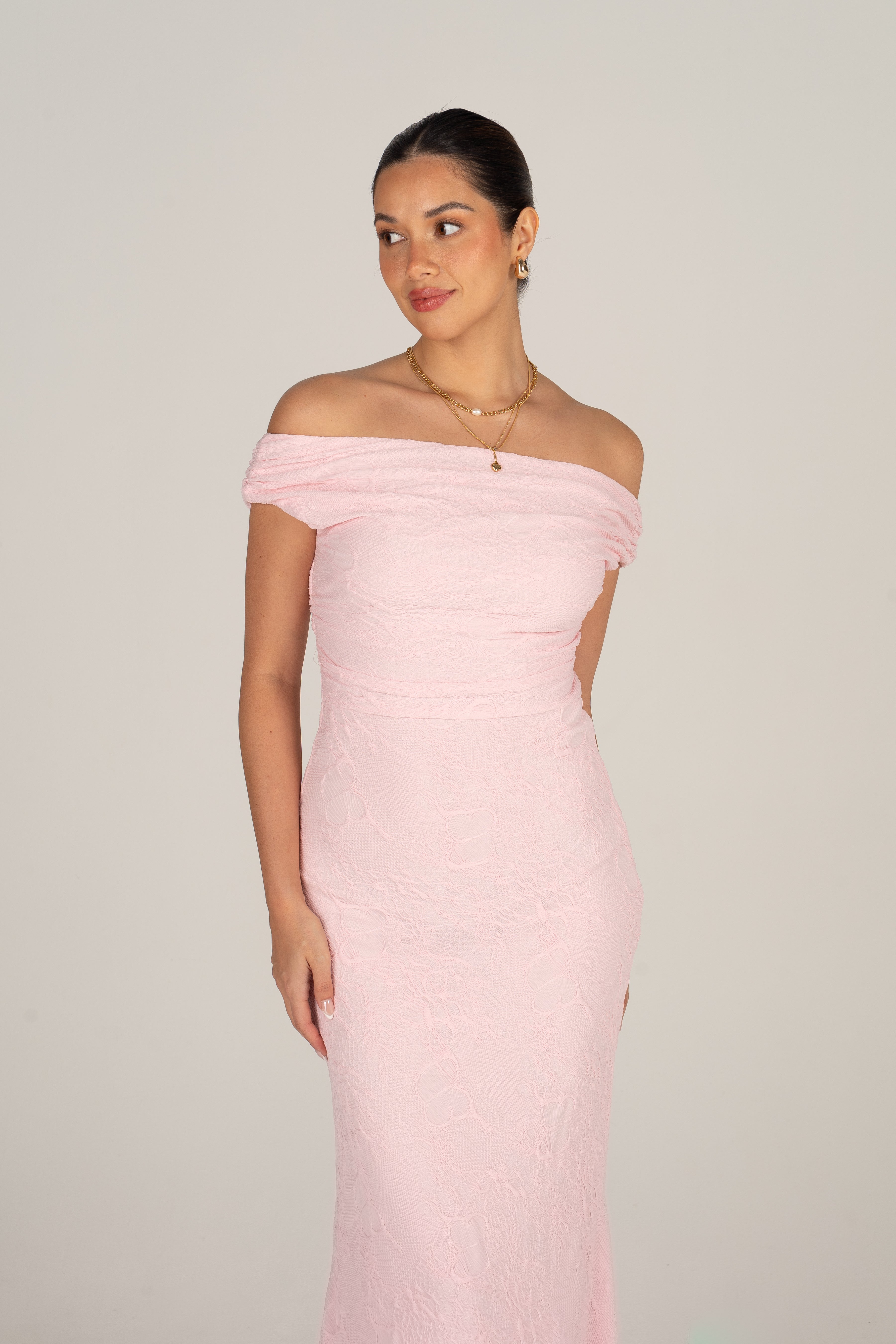 Teagan Off-Shoulder Pink Lace Midi